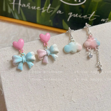 DAIIIBABYYY  -  Gradient Color Pink Blue Summer Bowknot Moon Star Pendant Earrings Set Women Korean Fashion Sweet Heart Stud Earring Jewelry